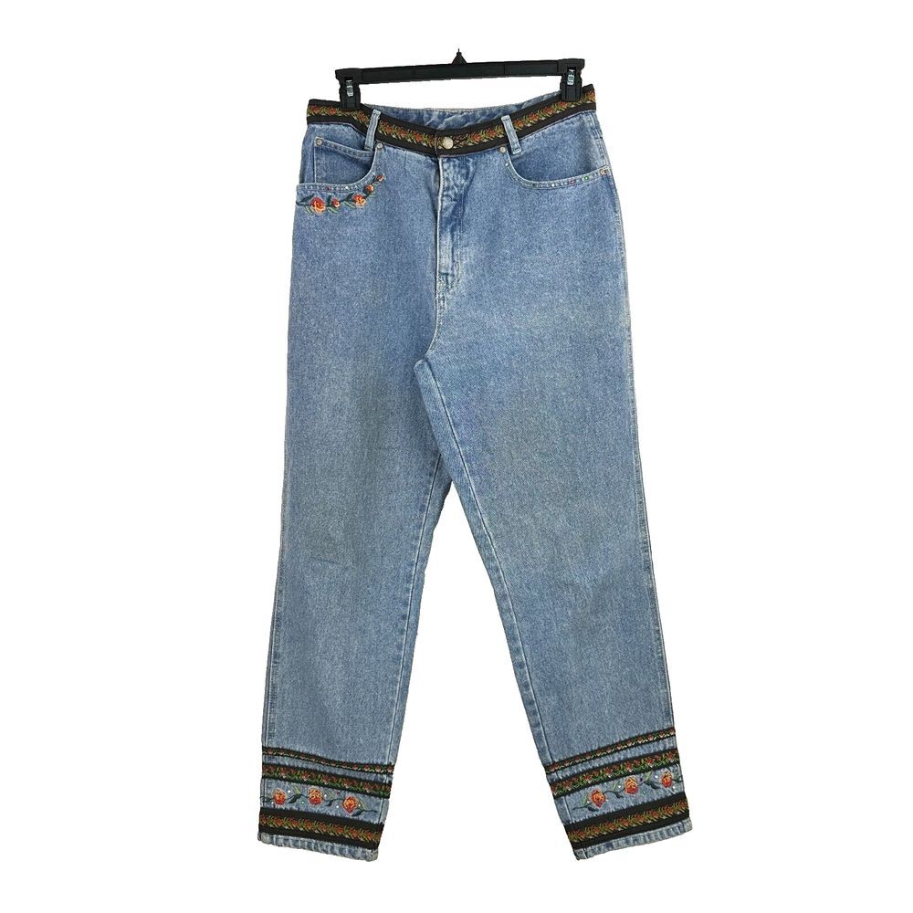 Vintage Bill Blass Jeans Womens 32 Blue Denim Embroidered Floral Tapered Leg 90s